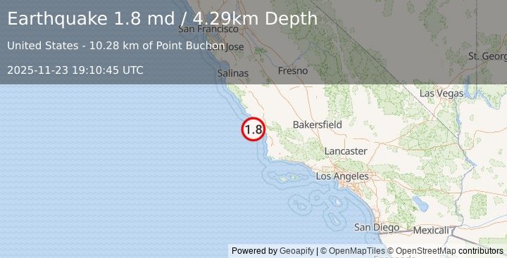 Earthquake 17 km WSW of Baywood-Los Osos, CA (1.8 md) (2025-11-23 19:10:45 UTC)