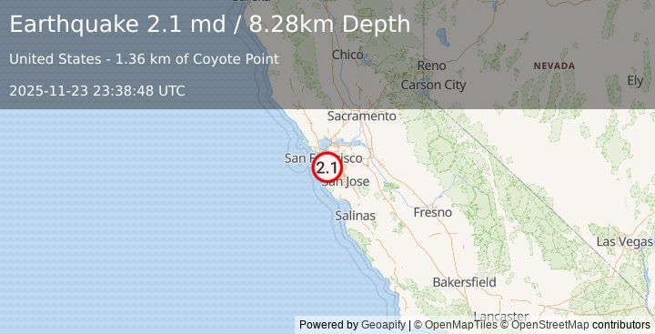 Earthquake 4 km ENE of Burlingame, CA (2.1 md) (2025-11-23 23:38:48 UTC)