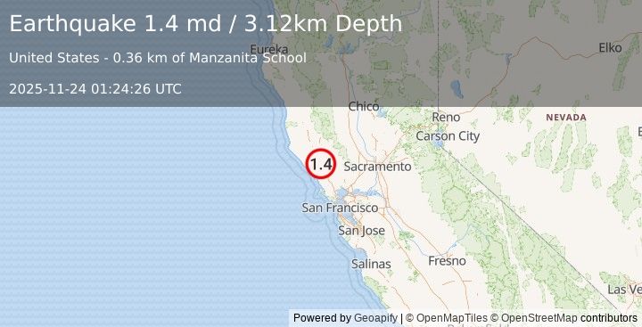 Earthquake 3 km NW of Healdsburg, CA (1.4 md) (2025-11-24 01:24:26 UTC)