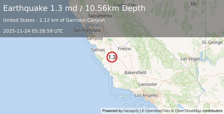 Earthquake 17 km S of New Idria, CA (1.3 md) (2025-11-24 05:28:59 UTC)