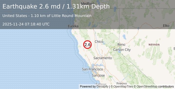 Earthquake 15 km NNE of Lake Pillsbury, CA (2.6 md) (2025-11-24 07:18:40 UTC)
