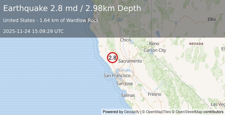 Earthquake 2 km SE of The Geysers, CA (2.8 md) (2025-11-24 15:09:29 UTC)