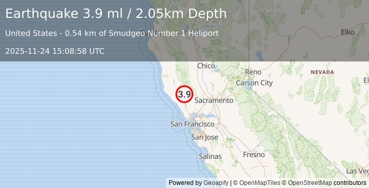 Earthquake 1 km NNW of The Geysers, CA (3.9 ml) (2025-11-24 15:08:58 UTC)