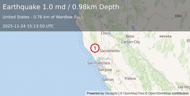 Earthquake 3 km WSW of Anderson Springs, CA (1.0 md) (2025-11-24 15:13:50 UTC)