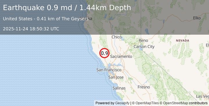 Earthquake 0 km N of The Geysers, CA (0.9 md) (2025-11-24 18:50:32 UTC)