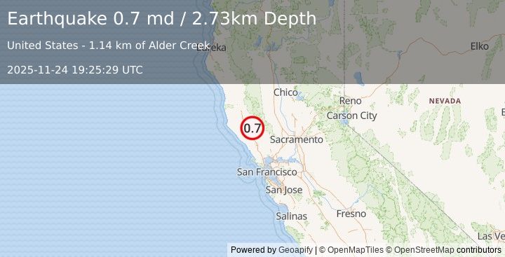 Earthquake 13 km NW of The Geysers, CA (0.7 md) (2025-11-24 19:25:29 UTC)
