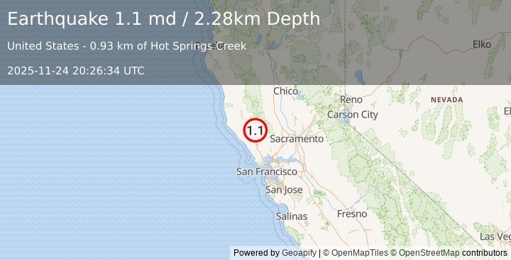 Earthquake 2 km WNW of The Geysers, CA (1.1 md) (2025-11-24 20:26:34 UTC)