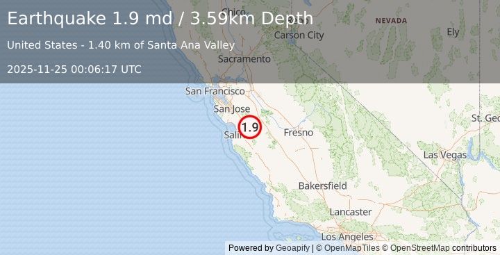 Earthquake 7 km NE of Ridgemark, CA (1.9 md) (2025-11-25 00:06:17 UTC)