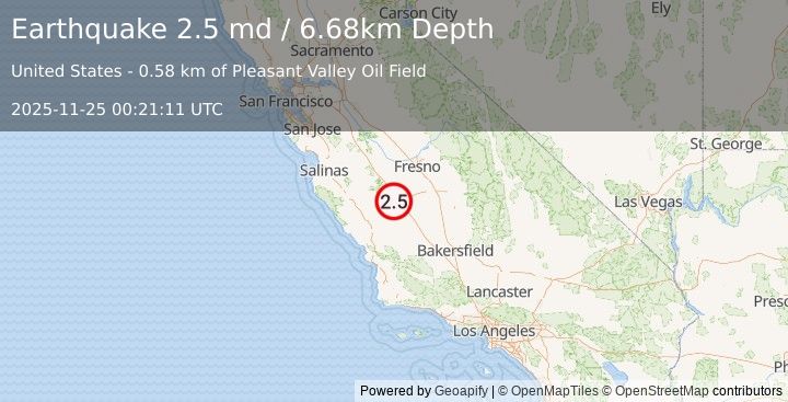 Earthquake 10 km ENE of Coalinga, CA (2.5 md) (2025-11-25 00:21:11 UTC)