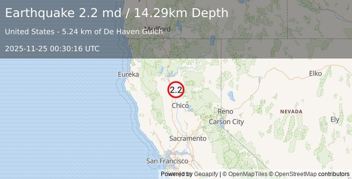 Earthquake 21 km ENE of Red Bluff, CA (2.2 md) (2025-11-25 00:30:16 UTC)