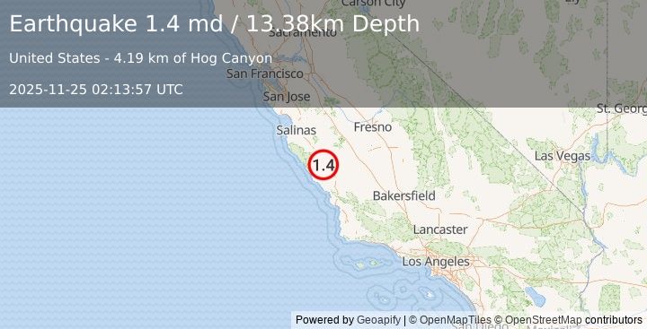 Earthquake 8 km WSW of San Ardo, CA (1.4 md) (2025-11-25 02:13:57 UTC)