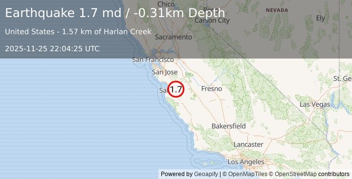 Earthquake 12 km SSW of Tres Pinos, CA (1.7 md) (2025-11-25 22:04:25 UTC)
