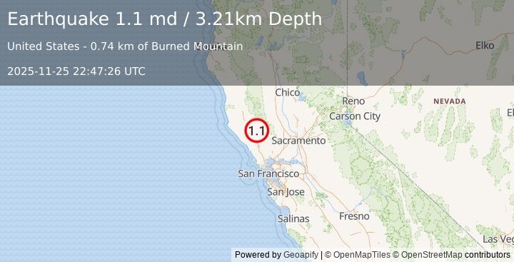 Earthquake 3 km NNW of The Geysers, CA (1.1 md) (2025-11-25 22:47:26 UTC)