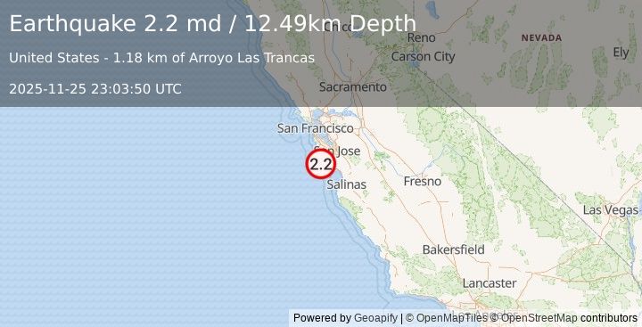 Earthquake 13 km WNW of Bonny Doon, CA (2.2 md) (2025-11-25 23:03:50 UTC)