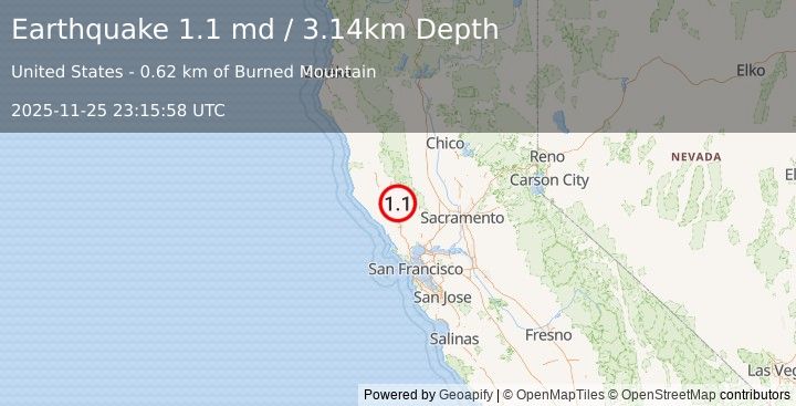 Earthquake 3 km NNW of The Geysers, CA (1.1 md) (2025-11-25 23:15:58 UTC)