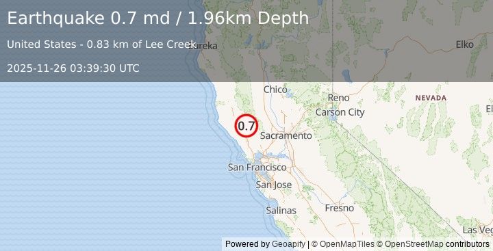 Earthquake 4 km W of Cobb, CA (0.7 md) (2025-11-26 03:39:30 UTC)