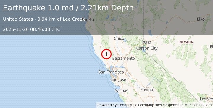 Earthquake 4 km W of Cobb, CA (1.0 md) (2025-11-26 08:46:08 UTC)