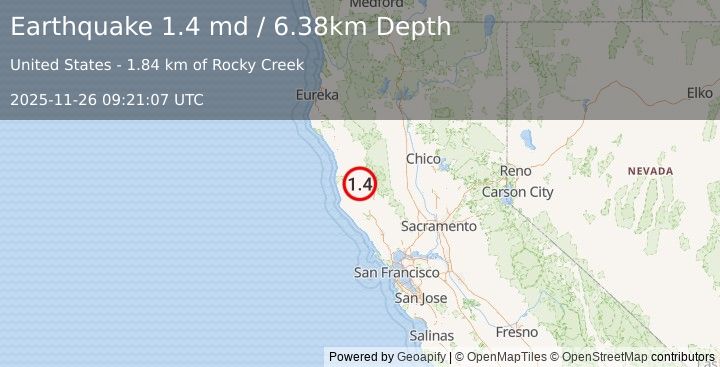 Earthquake 5 km NNW of Redwood Valley, CA (1.4 md) (2025-11-26 09:21:07 UTC)