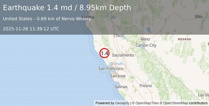 Earthquake 10 km NNW of Healdsburg, CA (1.4 md) (2025-11-26 11:39:12 UTC)