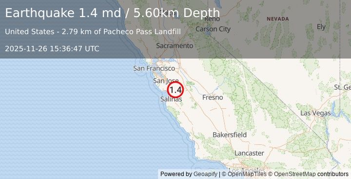 Earthquake 10 km E of Gilroy, CA (1.4 md) (2025-11-26 15:36:47 UTC)