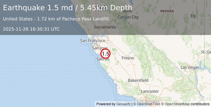 Earthquake 9 km E of Gilroy, CA (1.5 md) (2025-11-26 16:30:31 UTC)