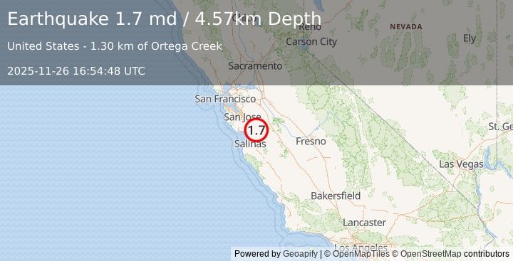 Earthquake 10 km E of Gilroy, CA (1.7 md) (2025-11-26 16:54:48 UTC)