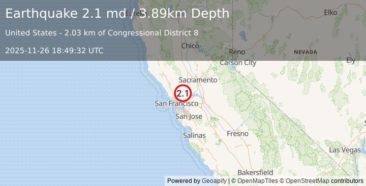 Earthquake 8 km ENE of Vallejo, CA (2.1 md) (2025-11-26 18:49:32 UTC)