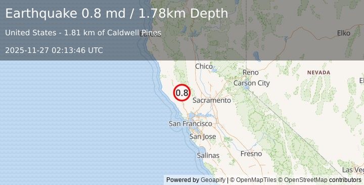 Earthquake 6 km WNW of Cobb, CA (0.8 md) (2025-11-27 02:13:46 UTC)