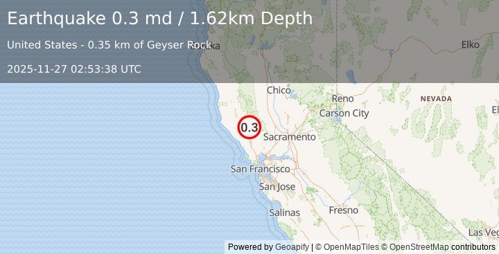 Earthquake 4 km W of Cobb, CA (0.3 md) (2025-11-27 02:53:38 UTC)