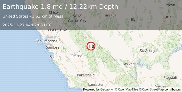 Earthquake 3 km ENE of Round Valley, CA (1.8 md) (2025-11-27 04:02:08 UTC)