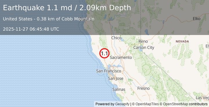 Earthquake 2 km SSW of Cobb, CA (1.1 md) (2025-11-27 06:45:48 UTC)