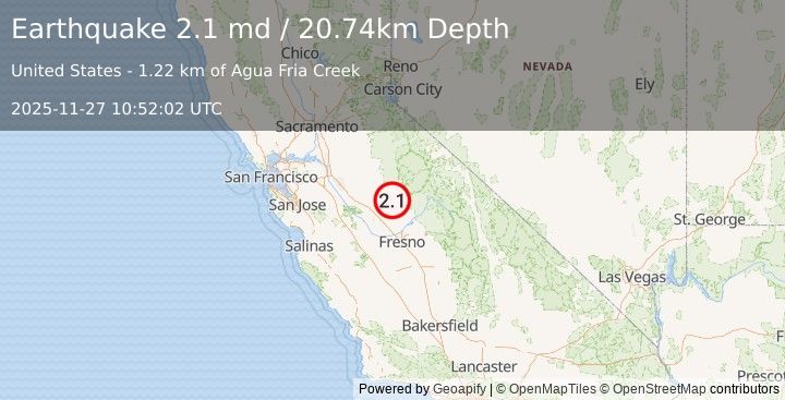 Earthquake 9 km S of Mariposa, CA (2.1 md) (2025-11-27 10:52:02 UTC)
