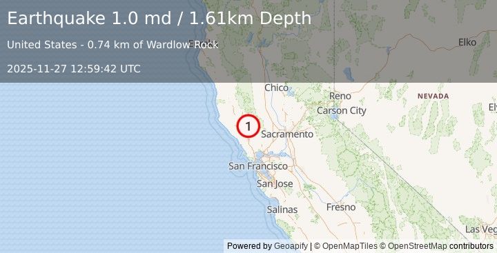 Earthquake 3 km SE of The Geysers, CA (1.0 md) (2025-11-27 12:59:42 UTC)