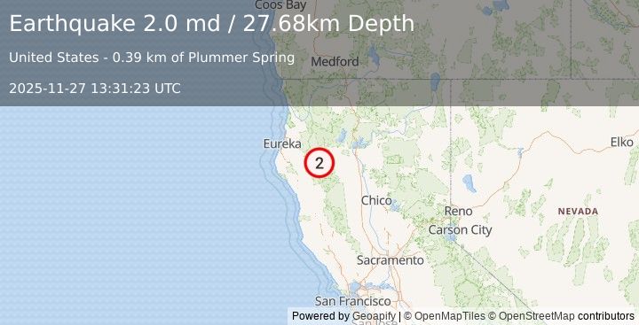 Earthquake 14 km SSW of Hayfork, CA (2.0 md) (2025-11-27 13:31:23 UTC)
