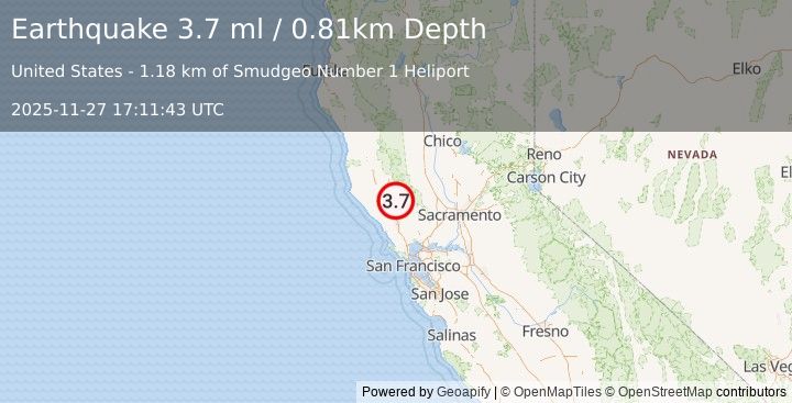 Earthquake 1 km NW of The Geysers, CA (3.7 ml) (2025-11-27 17:11:43 UTC)