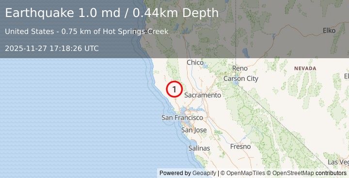 Earthquake 2 km NW of The Geysers, CA (1.0 md) (2025-11-27 17:18:26 UTC)