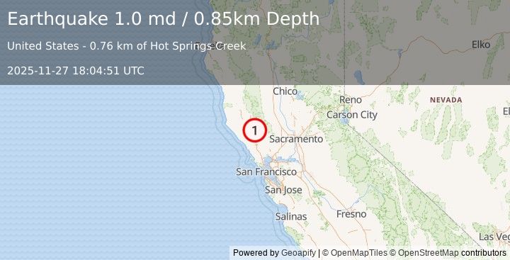Earthquake 2 km NW of The Geysers, CA (1.0 md) (2025-11-27 18:04:51 UTC)
