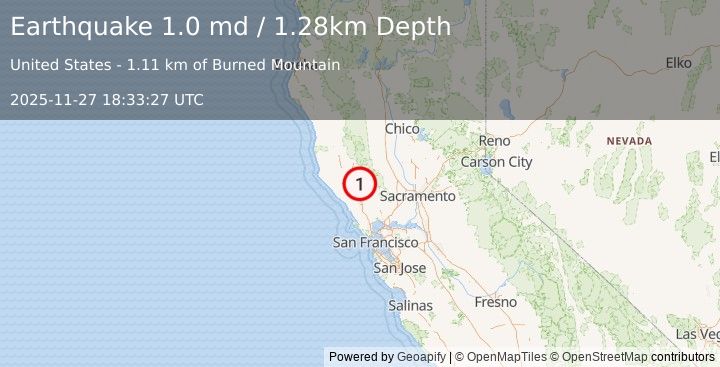Earthquake 1 km NNW of The Geysers, CA (1.0 md) (2025-11-27 18:33:27 UTC)