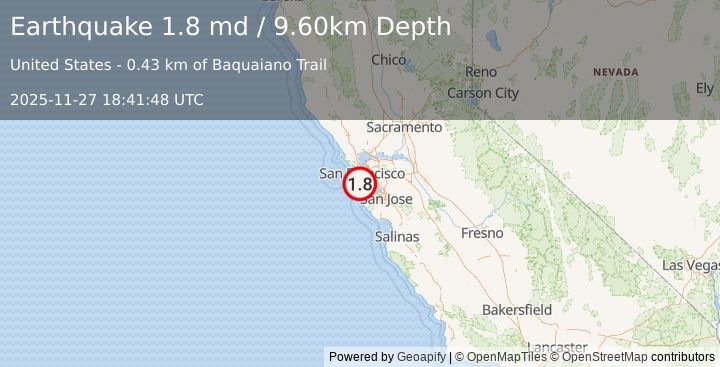 Earthquake 2 km SE of Pacifica, CA (1.8 md) (2025-11-27 18:41:48 UTC)