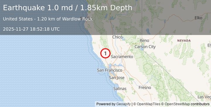 Earthquake 3 km SE of The Geysers, CA (1.0 md) (2025-11-27 18:52:18 UTC)