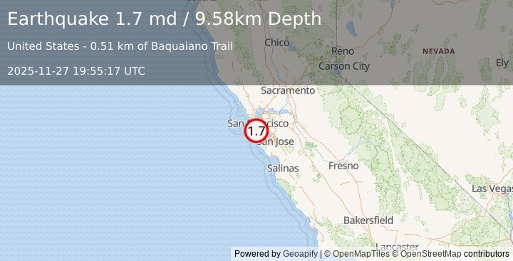 Earthquake 2 km SE of Pacifica, CA (1.7 md) (2025-11-27 19:55:17 UTC)