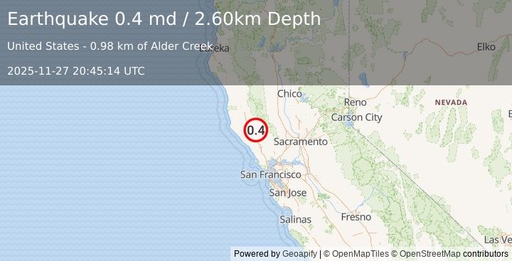 Earthquake 13 km NW of The Geysers, CA (0.4 md) (2025-11-27 20:45:14 UTC)
