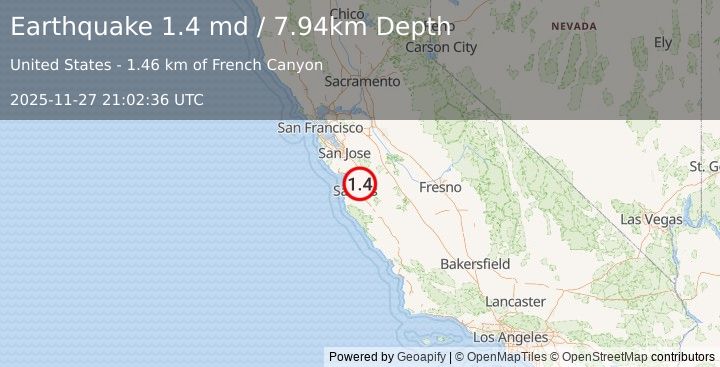 Earthquake 6 km S of San Juan Bautista, CA (1.4 md) (2025-11-27 21:02:36 UTC)