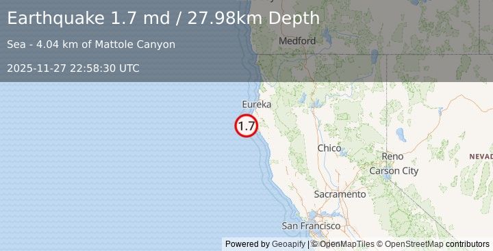 Earthquake 19 km WSW of Petrolia, CA (1.7 md) (2025-11-27 22:58:30 UTC)