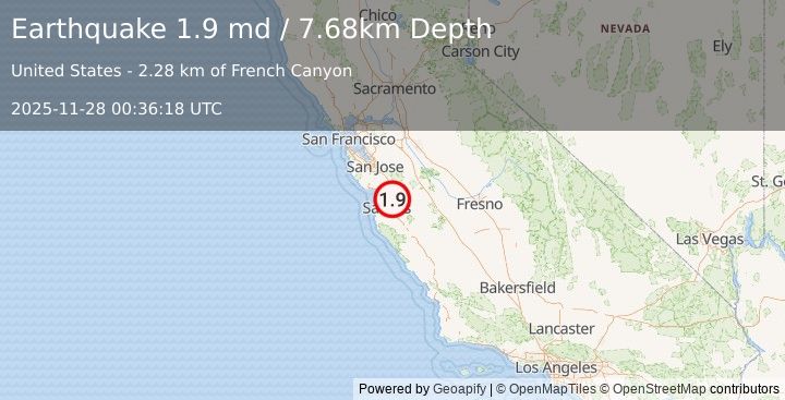 Earthquake 5 km S of San Juan Bautista, CA (1.9 md) (2025-11-28 00:36:18 UTC)