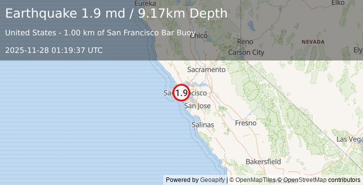 Earthquake 8 km S of Muir Beach, CA (1.9 md) (2025-11-28 01:19:37 UTC)