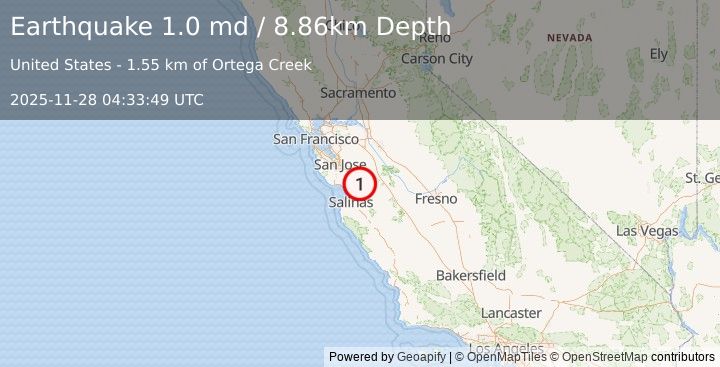 Earthquake 10 km E of Gilroy, CA (1.0 md) (2025-11-28 04:33:49 UTC)