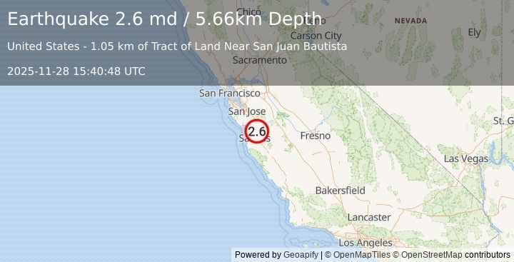 Earthquake 4 km W of San Juan Bautista, CA (2.6 md) (2025-11-28 15:40:48 UTC)