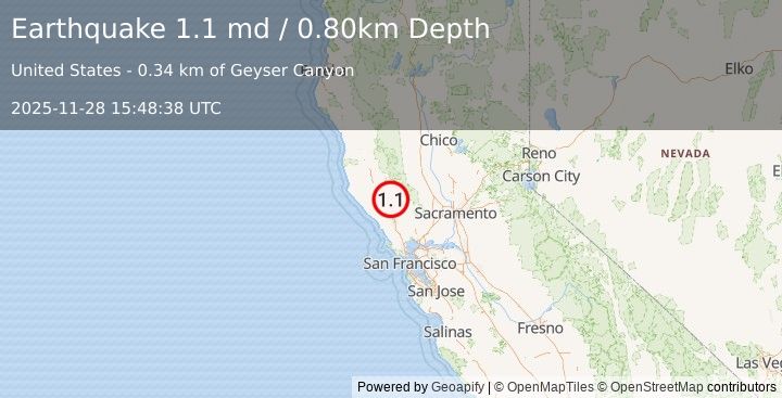 Earthquake 5 km WNW of The Geysers, CA (1.1 md) (2025-11-28 15:48:38 UTC)