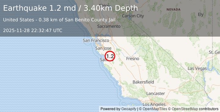 Earthquake 4 km NNW of Hollister, CA (1.2 md) (2025-11-28 22:32:47 UTC)